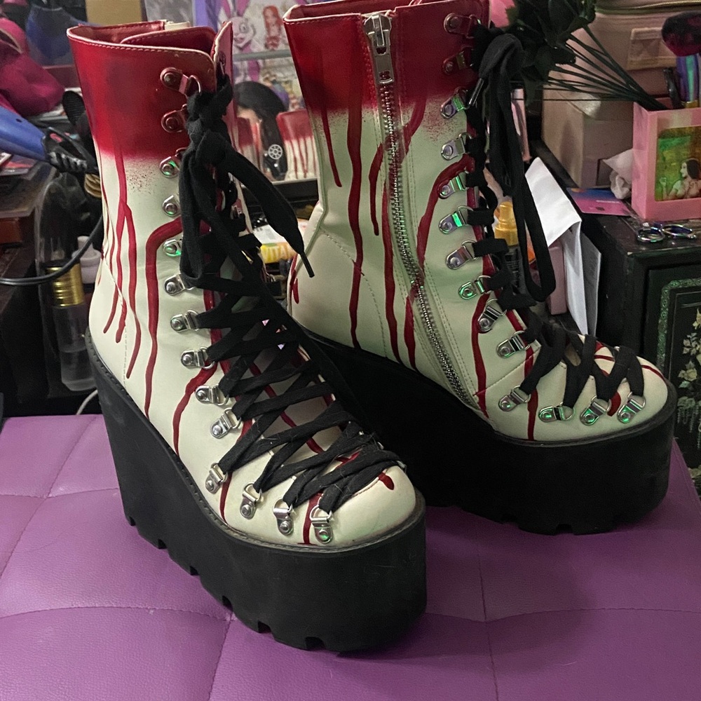 Unique Red and White Blood Halloween Dollskill Platform traitor Boots Dolls Kill